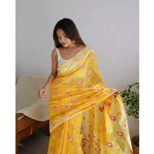 Generic Women's Cotton Printed Saree With Unstitched Blouse 5.5Mtr (Yellow)