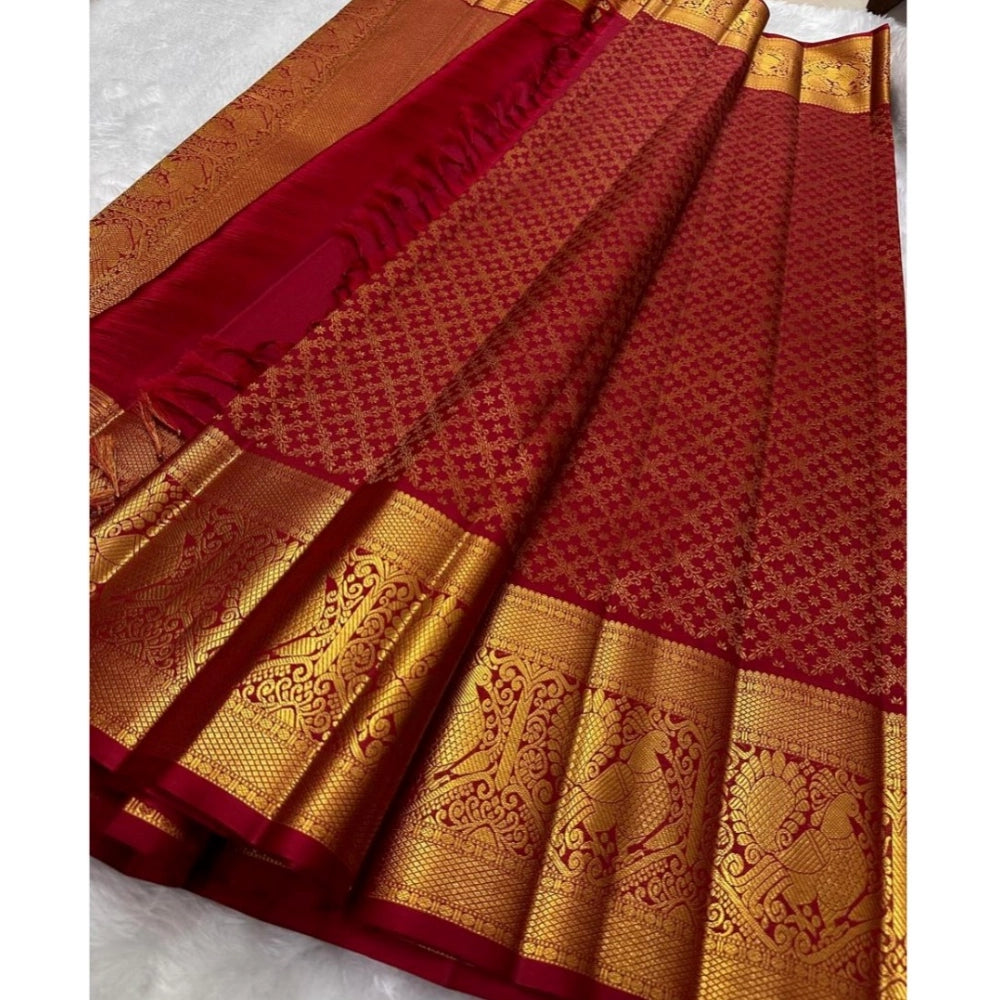 Generic Women's Silk Printed Saree With Unstitched Blouse 5.5Mtr (Maroon)