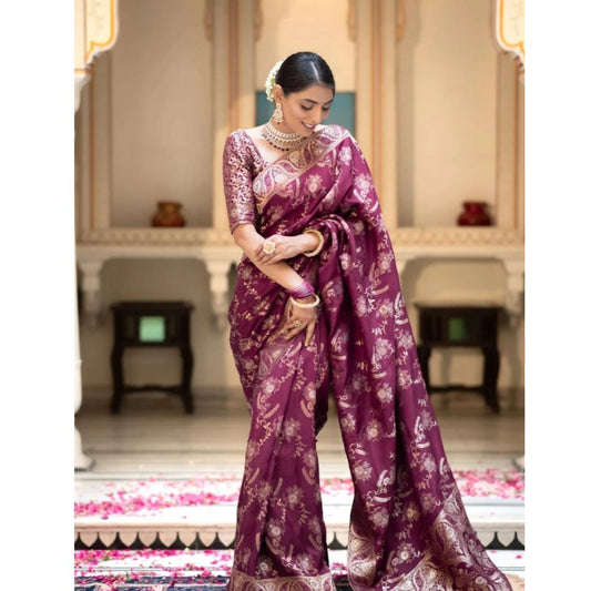Generic Women's Silk Printed Saree With Unstitched Blouse 5.5Mtr (Wine)
