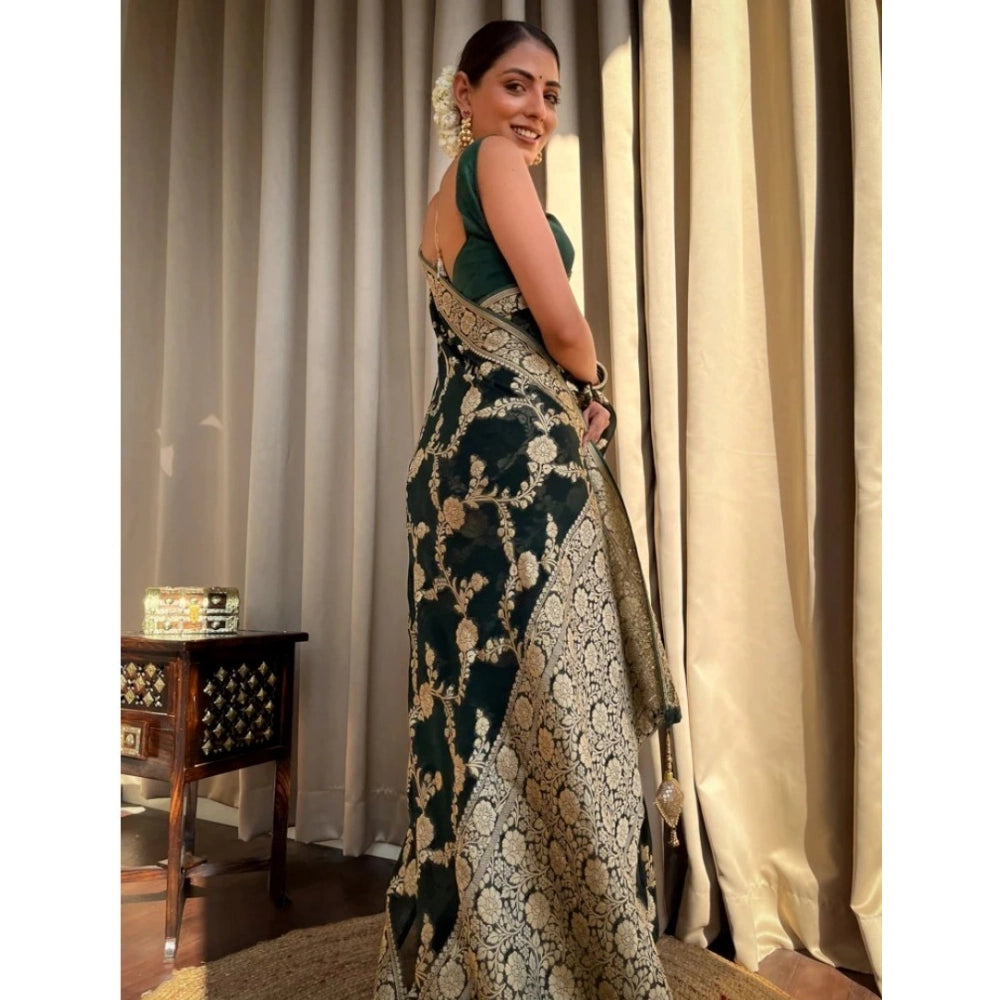 Generic Women's Silk Printed Saree With Unstitched Blouse 5.5Mtr (Dark Green)