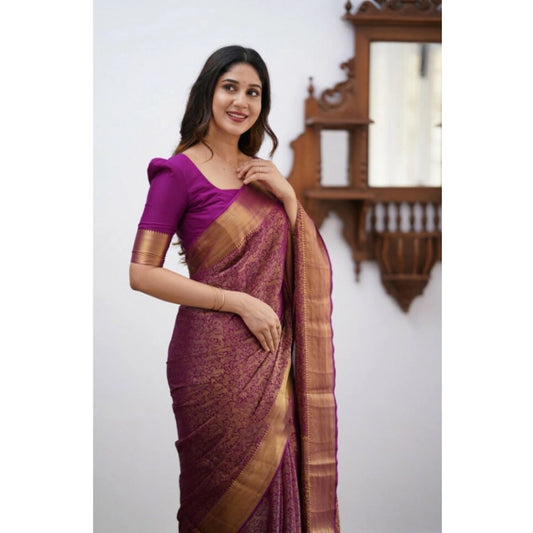 Generic Women's Silk Printed Saree With Unstitched Blouse 5.5Mtr (Wine)