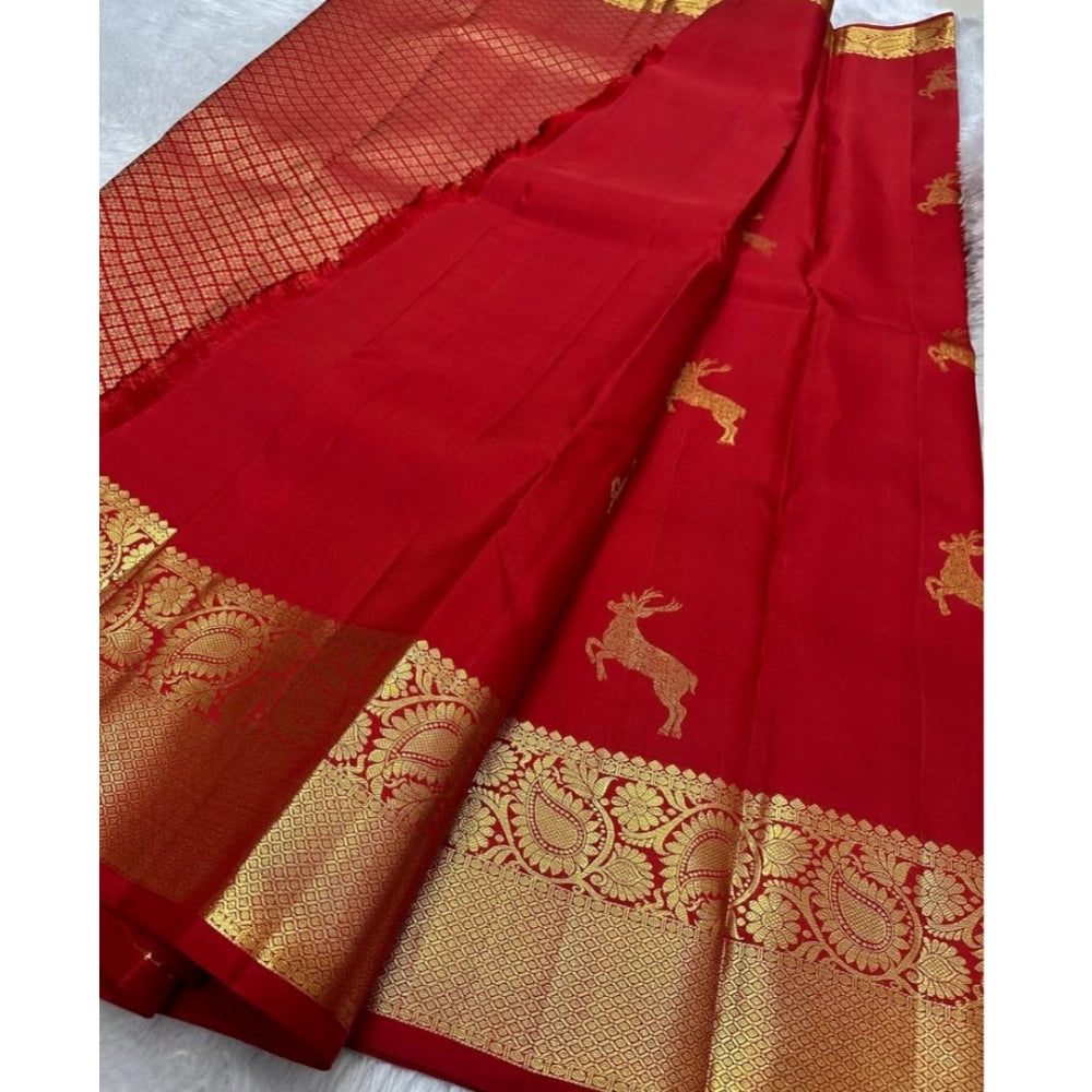 Generic Women's Silk Printed Saree With Unstitched Blouse 5.5Mtr (Red)