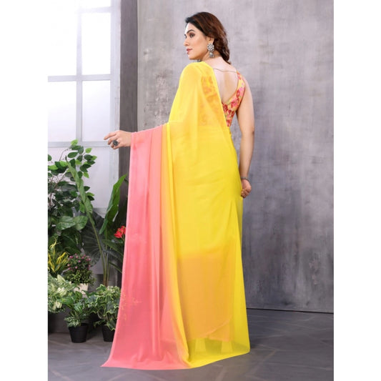 Generic Women's Small Lace Georgette Solid Ready-to-Wear Saree With Unstitched Blouse 5.5 Mtr (Pink-Yellow)