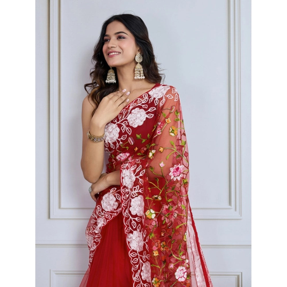 Generic Women's Soft Net Thread Embroidery Saree With Unstitched Blouse 5.5Mtr (Maroon)