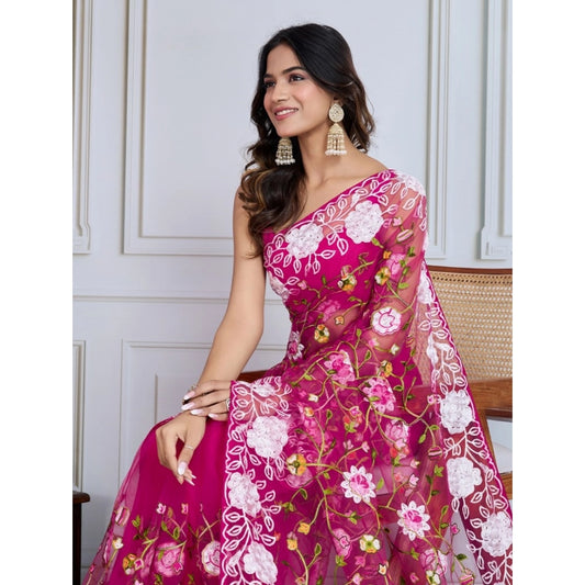 Generic Women's Soft Net Thread Embroidery Saree With Unstitched Blouse 5.5Mtr (Dark Pink)