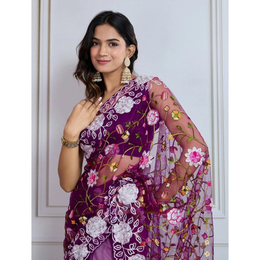 Generic Women's Soft Net Thread Embroidery Saree With Unstitched Blouse 5.5Mtr (Purple)