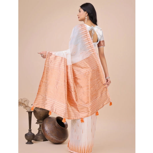 Generic Women's Linen Cotton Wevon Jacquard Saree With Unstitched Blouse 5.5Mtr (White)