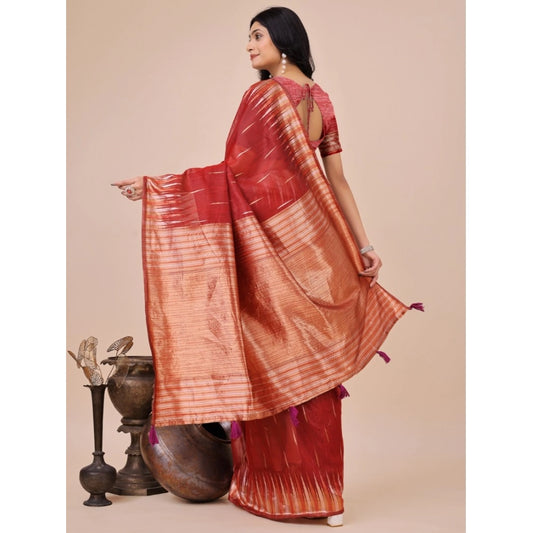 Generic Women's Linen Cotton Wevon Jacquard Saree With Unstitched Blouse 5.5Mtr (Red)