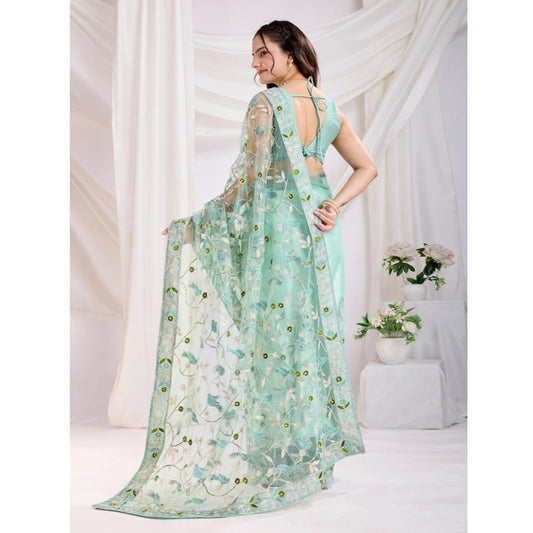 Generic Women's Soft Net Thread Embroidery Saree With Unstitched Blouse 5.5Mtr (Sea Green)