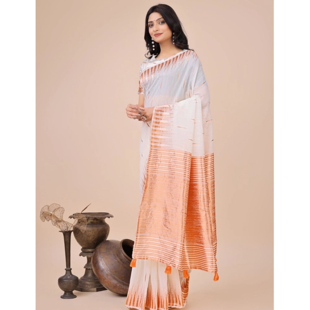Generic Women's Linen Cotton Wevon Jacquard Saree With Unstitched Blouse 5.5Mtr (White)