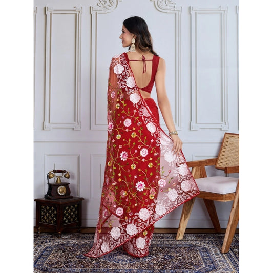 Generic Women's Soft Net Thread Embroidery Saree With Unstitched Blouse 5.5Mtr (Maroon)