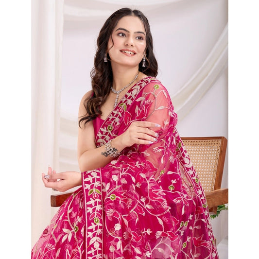 Generic Women's Soft Net Thread Embroidery Saree With Unstitched Blouse 5.5Mtr (Dark Pink)