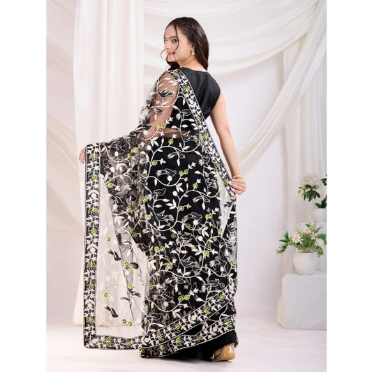 Generic Women's Soft Net Thread Embroidery Saree With Unstitched Blouse 5.5Mtr (Black)