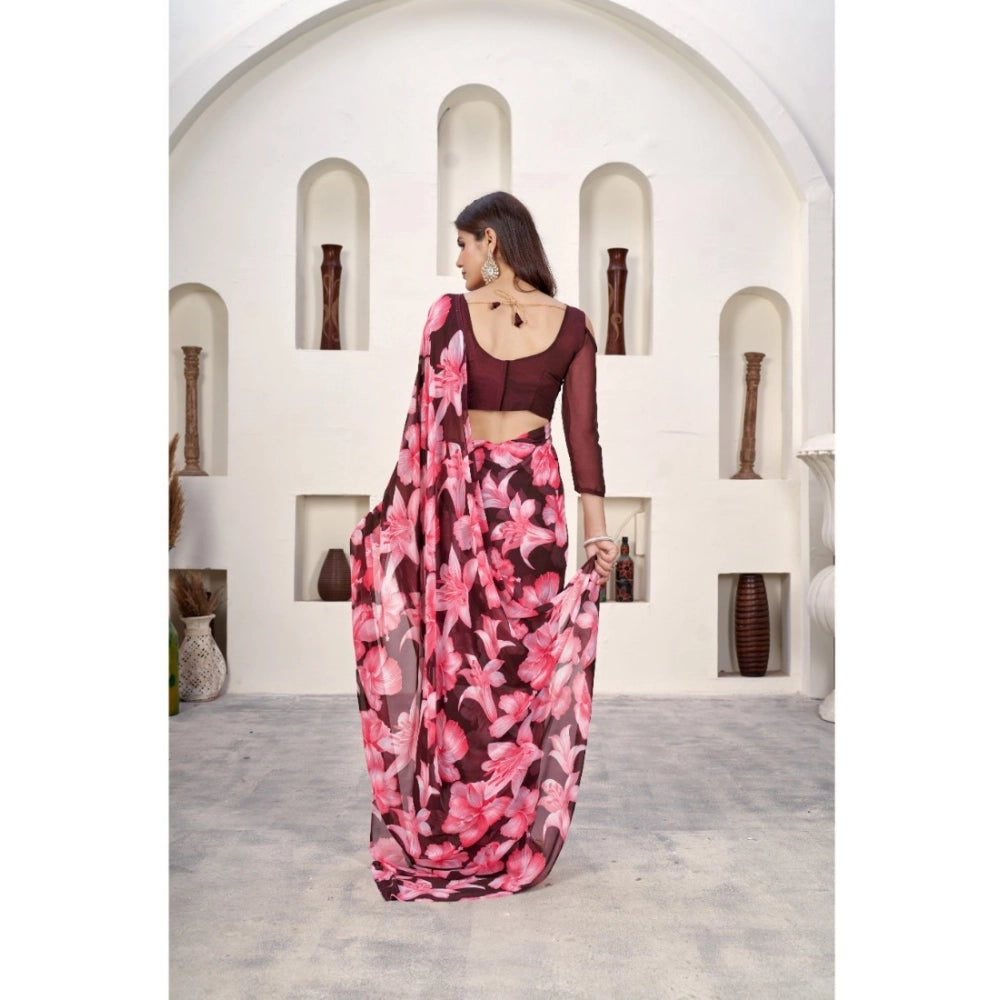 Generic Women's Polyster Printed Saree With Unstitched Blouse 5.5Mtr (Wine)