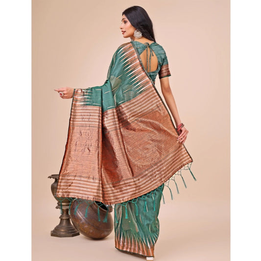 Generic Women's Linen Cotton Wevon Jacquard Saree With Unstitched Blouse 5.5Mtr (Green)