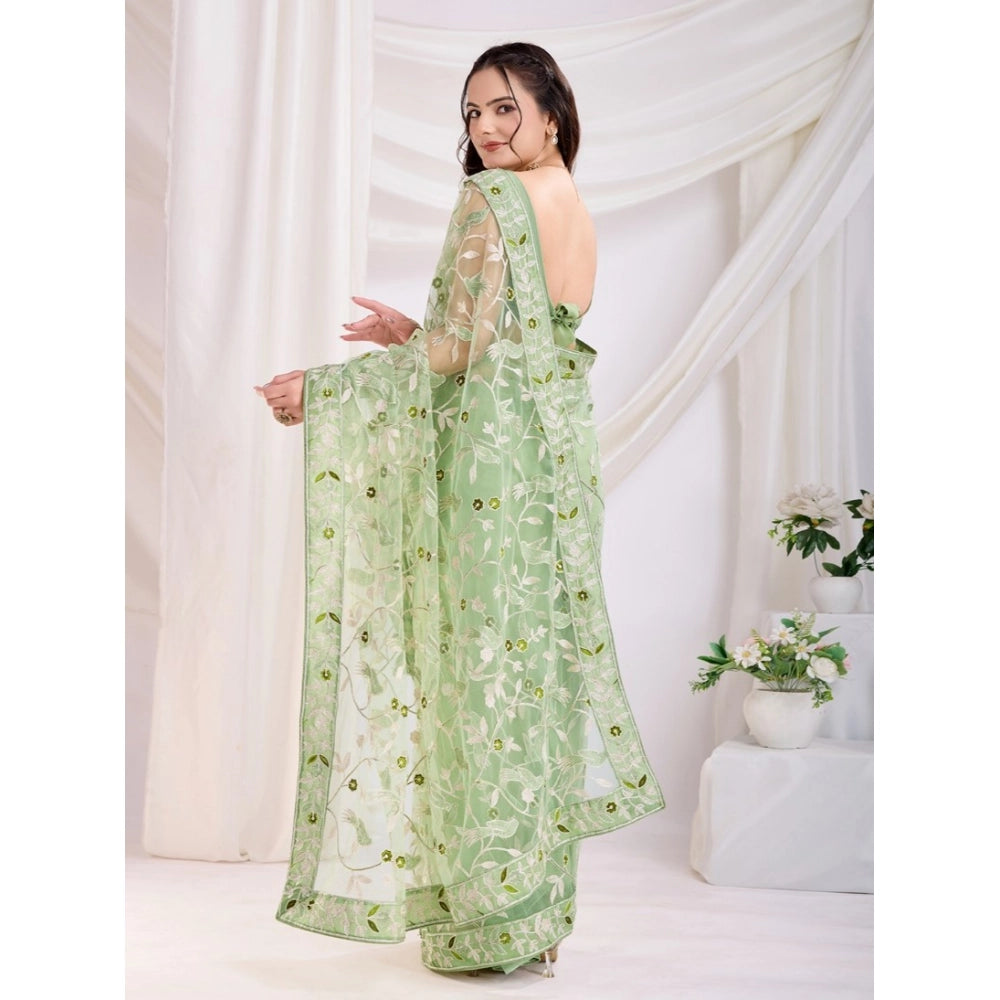 Generic Women's Soft Net Thread Embroidery Saree With Unstitched Blouse 5.5Mtr (Pista)