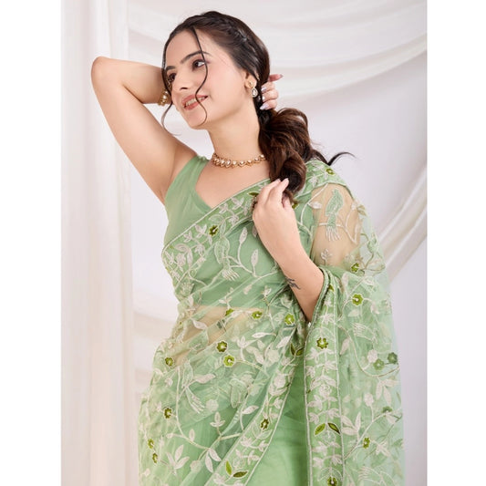 Generic Women's Soft Net Thread Embroidery Saree With Unstitched Blouse 5.5Mtr (Pista)