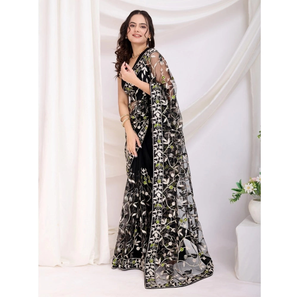 Generic Women's Soft Net Thread Embroidery Saree With Unstitched Blouse 5.5Mtr (Black)
