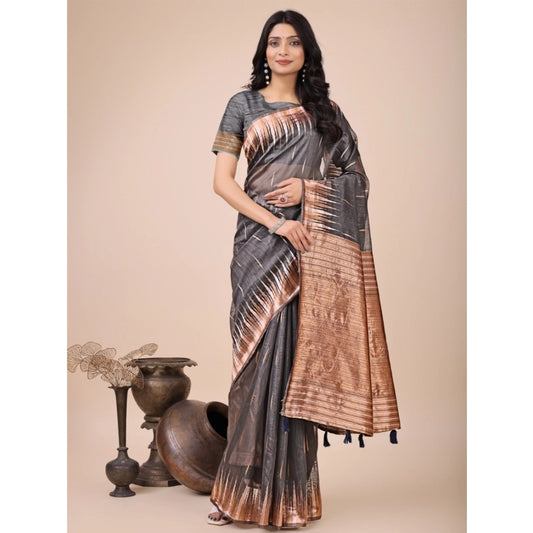 Generic Women's Linen Cotton Wevon Jacquard Saree With Unstitched Blouse 5.5Mtr (Grey)