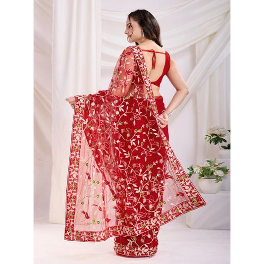 Generic Women's Soft Net Thread Embroidery Saree With Unstitched Blouse 5.5Mtr (Maroon)