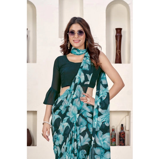 Generic Women's Polyster Printed Saree With Unstitched Blouse 5.5Mtr (Teal)