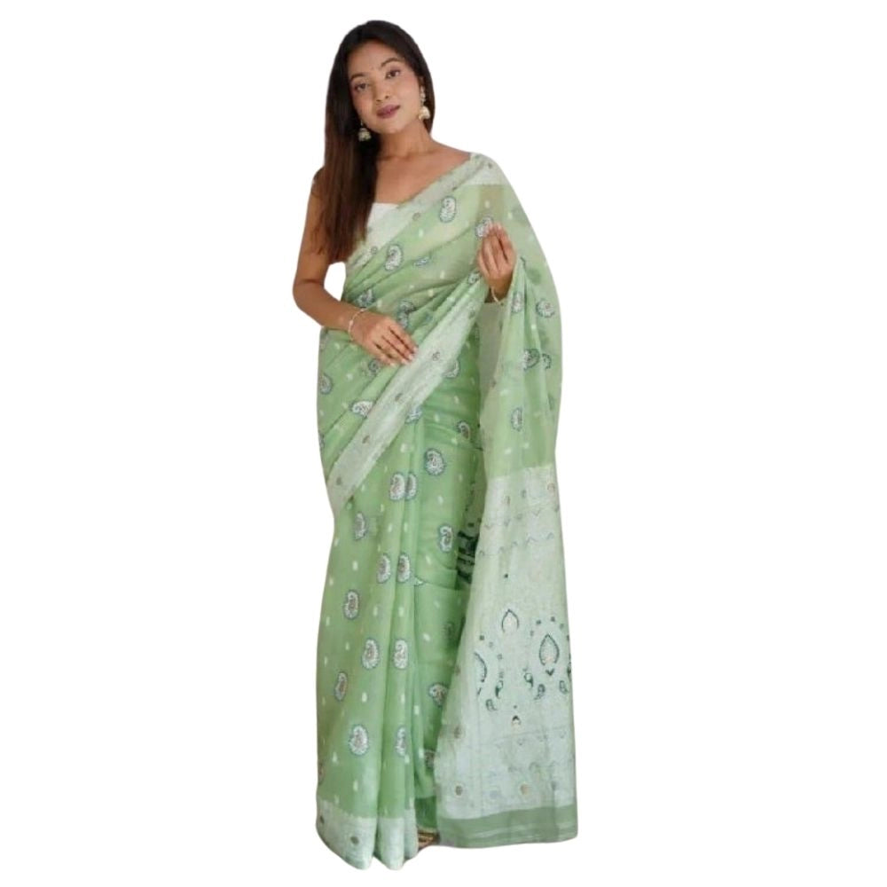 Generic Women's Cotton Printed Saree With Unstitched Blouse 5.5Mtr (Pista)