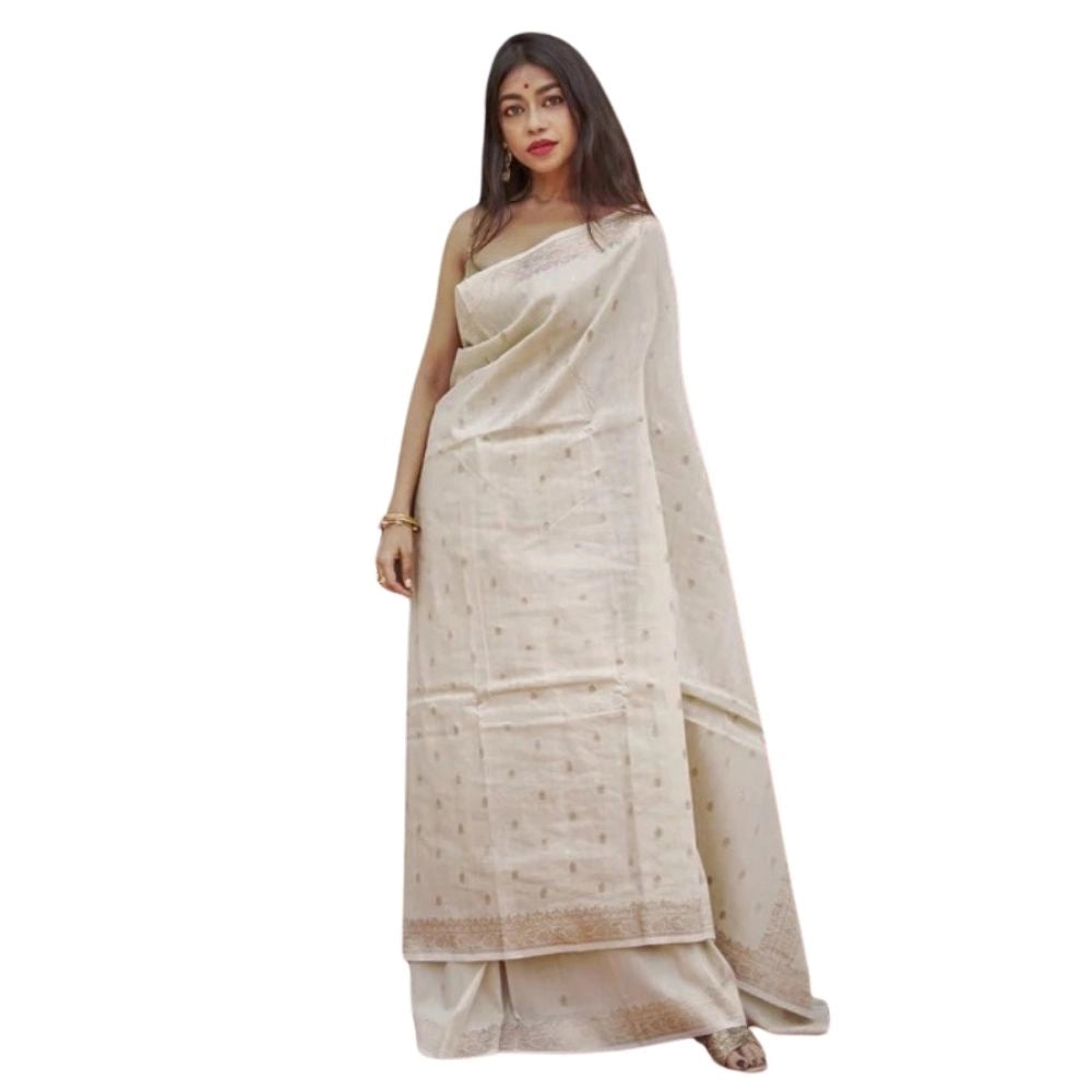 Generic Women's Cotton Printed Saree With Unstitched Blouse 5.5Mtr (Cream)