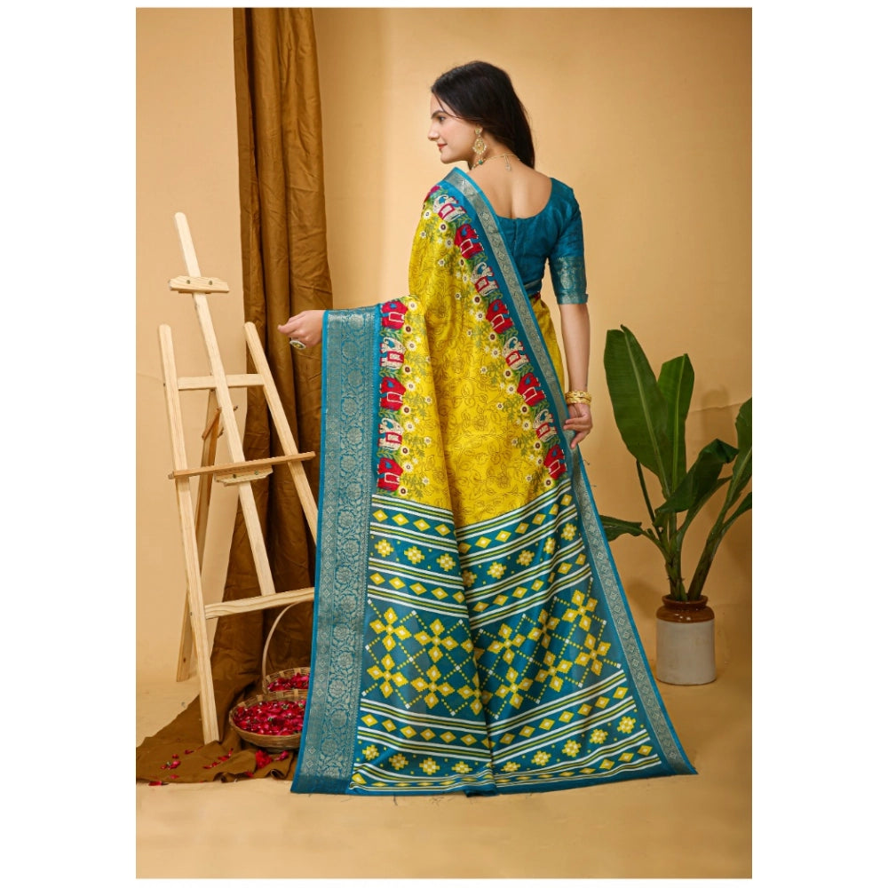 Generic Women's Soft Dola Cotton Kalamkari Printed Saree With Unstitched Blouse 5.5Mtr (Yellow)
