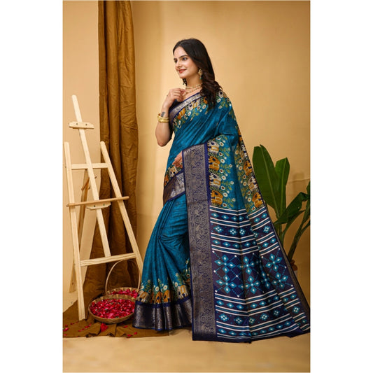 Generic Women's Soft Dola Cotton Kalamkari Printed Saree With Unstitched Blouse 5.5Mtr (Blue)