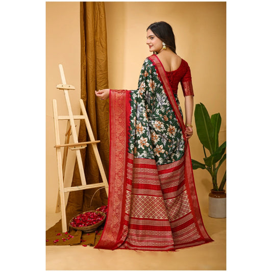 Generic Women's Soft Dola Cotton Kalamkari Printed Saree With Unstitched Blouse 5.5Mtr (Green)