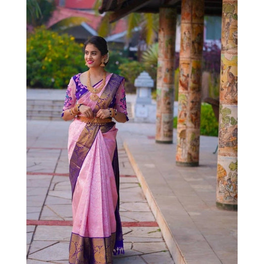Generic Women's Soft Lichi Silk Printed Saree With Unstitched Blouse 5.5Mtr (Purple)