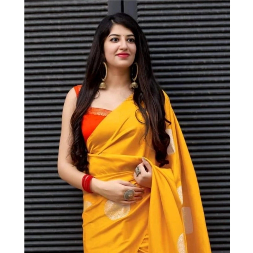 Generic Women's Soft Lichi Silk Printed Saree With Unstitched Blouse 5.5Mtr (Yellow)