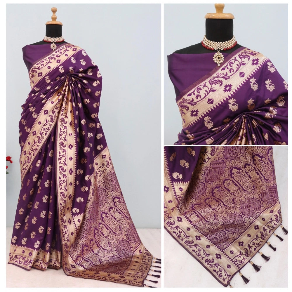 Generic Women's Satin Printed Saree With Unstitched Blouse 5.5Mtr (Purple)
