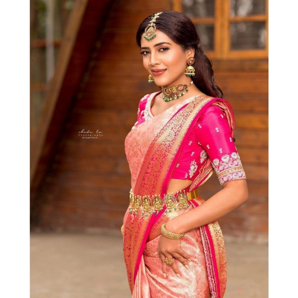 Generic Women's Silk Blend Self Design Banarasi Saree With Unstitched Blouse (5.5Mtr, Peach)