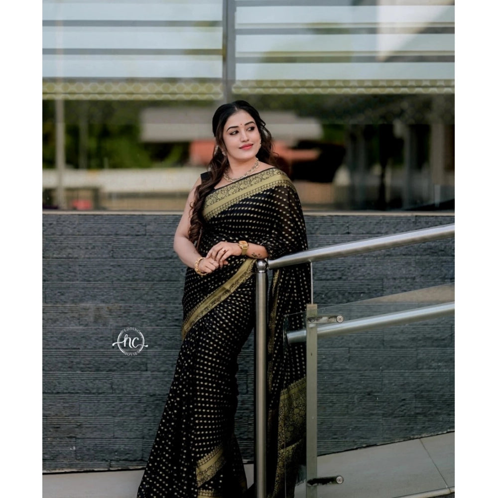 Generic Women's Silk Woven Kanjivaram Saree With Unstitched Blouse (5.5Mtr, Black)