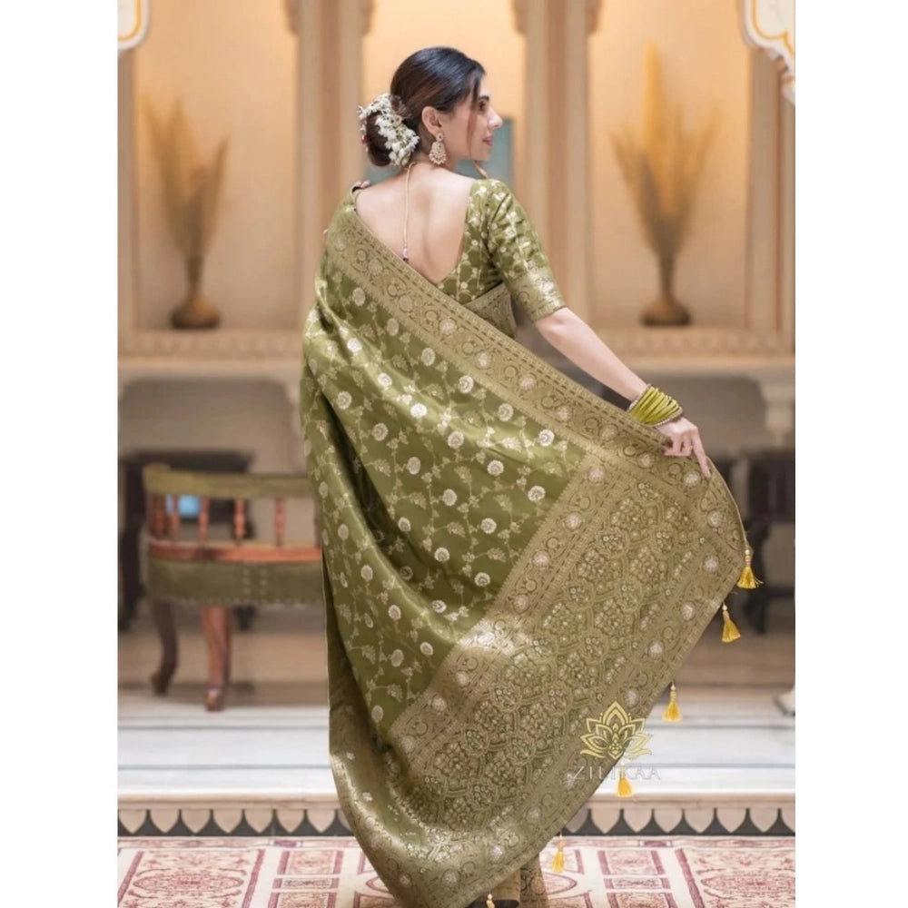 Generic Women's Silk Woven Kanjivaram Saree With Unstitched Blouse (5.5Mtr, Mehendi Green)