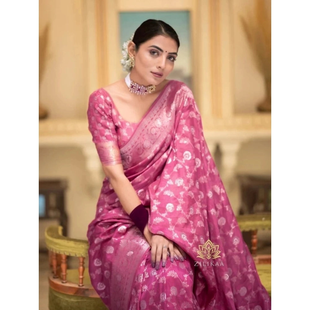 Generic Women's Silk Woven Kanjivaram Saree With Unstitched Blouse (5.5Mtr, Pink)