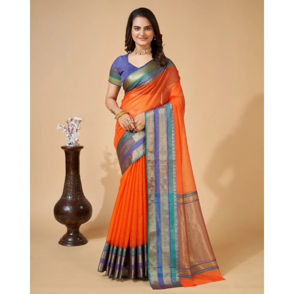 Generic Women's Cotton Blend Woven Saree With Unstitched Blouse (5.5Mtr, Orange)