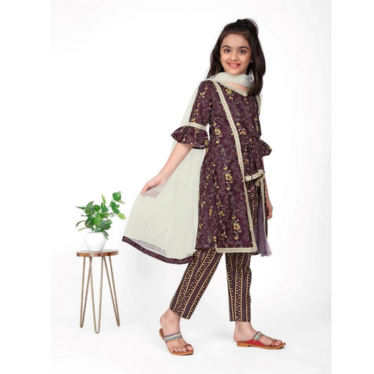 Generic Girl's Cotton Embrodrery Lace Shrug Kurti With Bottom Dupatta Set (Maroon)