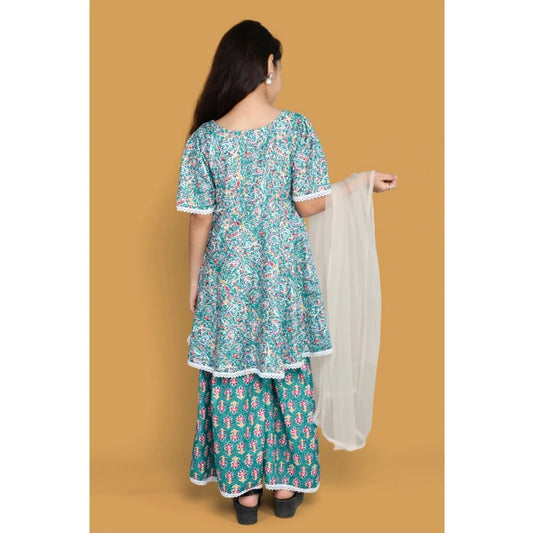 Generic Girl's Silk Blend Floral Prinded Shiffli Lace Top Sharara Dupatta Set (Teal)