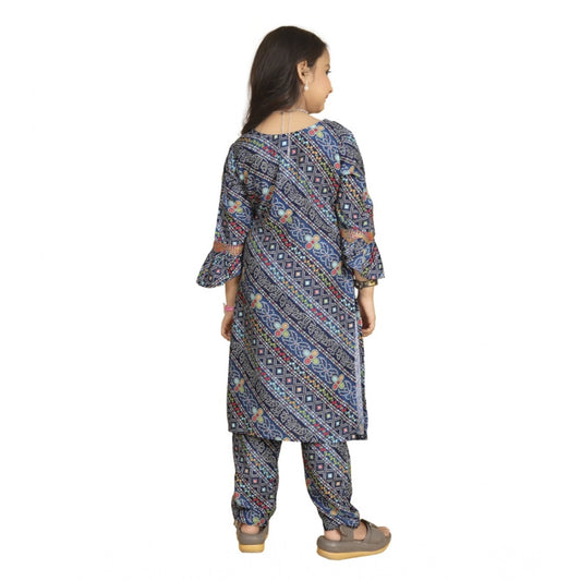 Generic Girl's Maslin Embrodrery Lace Aliya Cut Top With Bottom Dupatta Set (Blue)