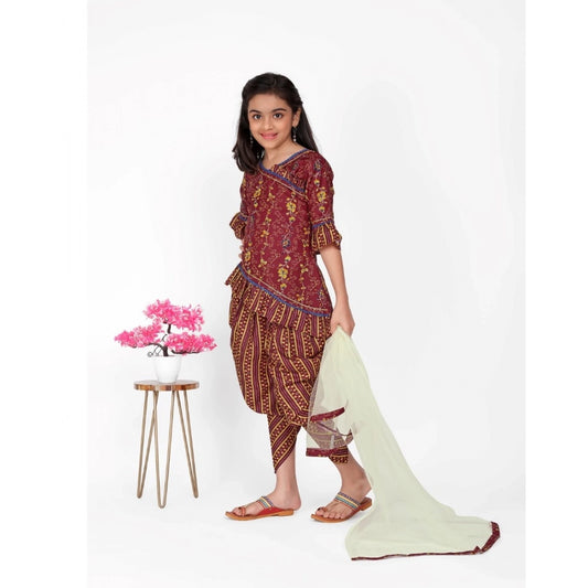 Generic Girl's Cotton Printed Kurtis With Dhoti Dupatta Set (Maroon)