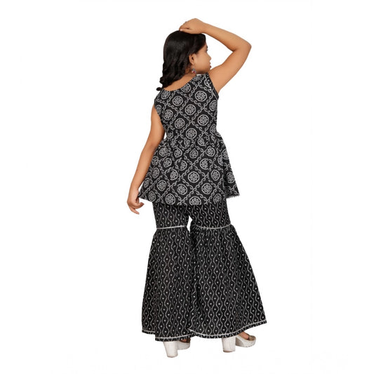Generic Girl's Cotton Rayon Printed Top And Sharara Set (Black)