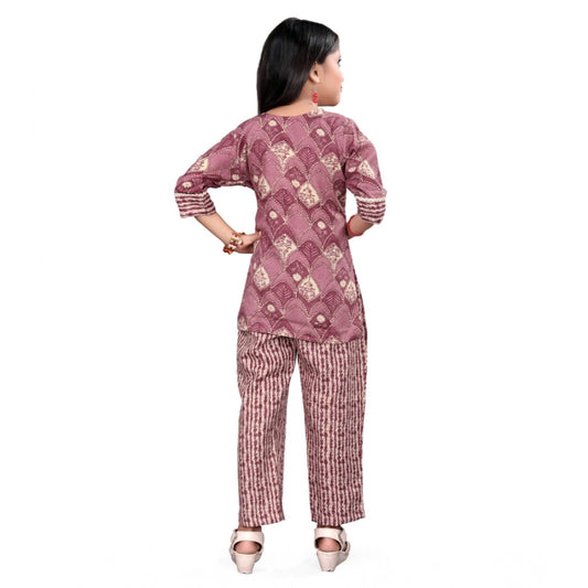 Generic Girl's Cotton Printed Top With Bottom Set (Purple)
