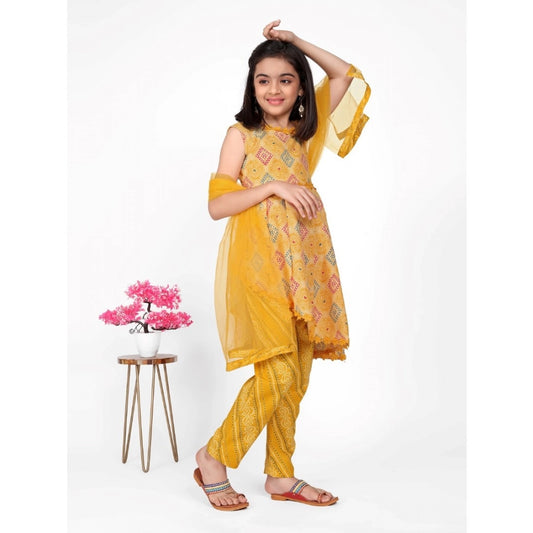 Generic Girl's Cotton Printed Kurti With Bottom Dupatta Set (Yellow)