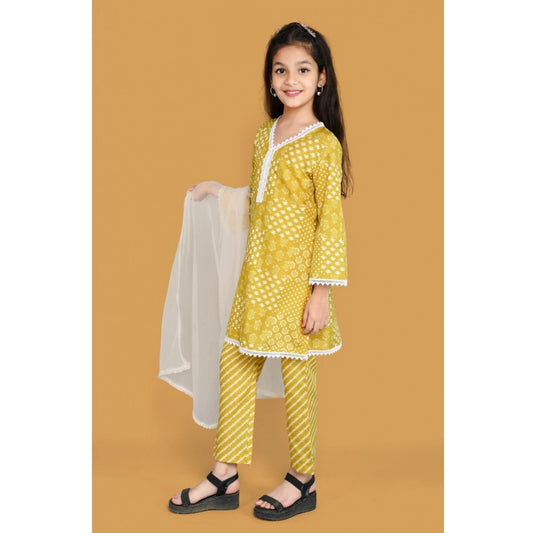 Generic Girl's Silk Blend Floral Prinded Shiffli Lace Salwar Kameez Dupatta Set (Yellow)