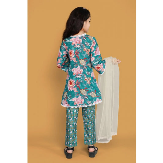 Generic Girl's Silk Blend Floral Prinded Shiffli Lace Salwar Kameez Dupatta Set (Teal)