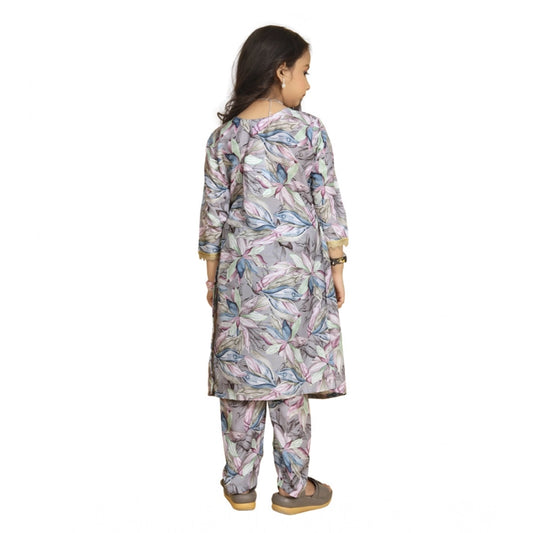 Generic Girl's Maslin Embrodrery Lace Aliya Cut Top With Bottom Dupatta Set (Grey)