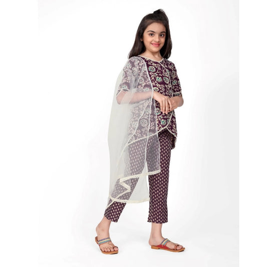 Generic Girl's Cotton Printed Kurti With Bottom Dupatta Set (Brown)