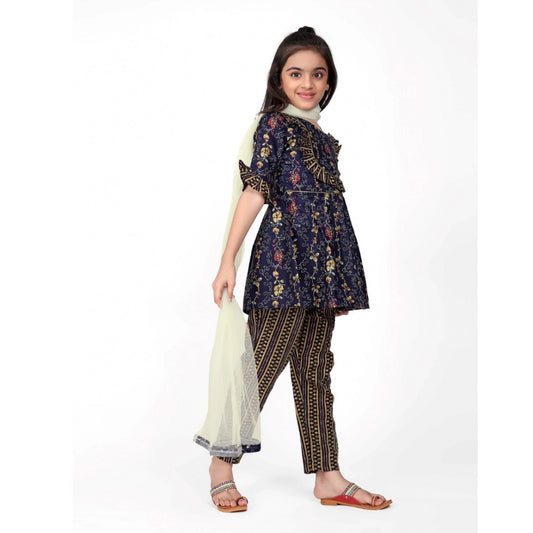 Generic Girl's Cotton Printed Kurti With Bottom Dupatta Set (Dark Blue)